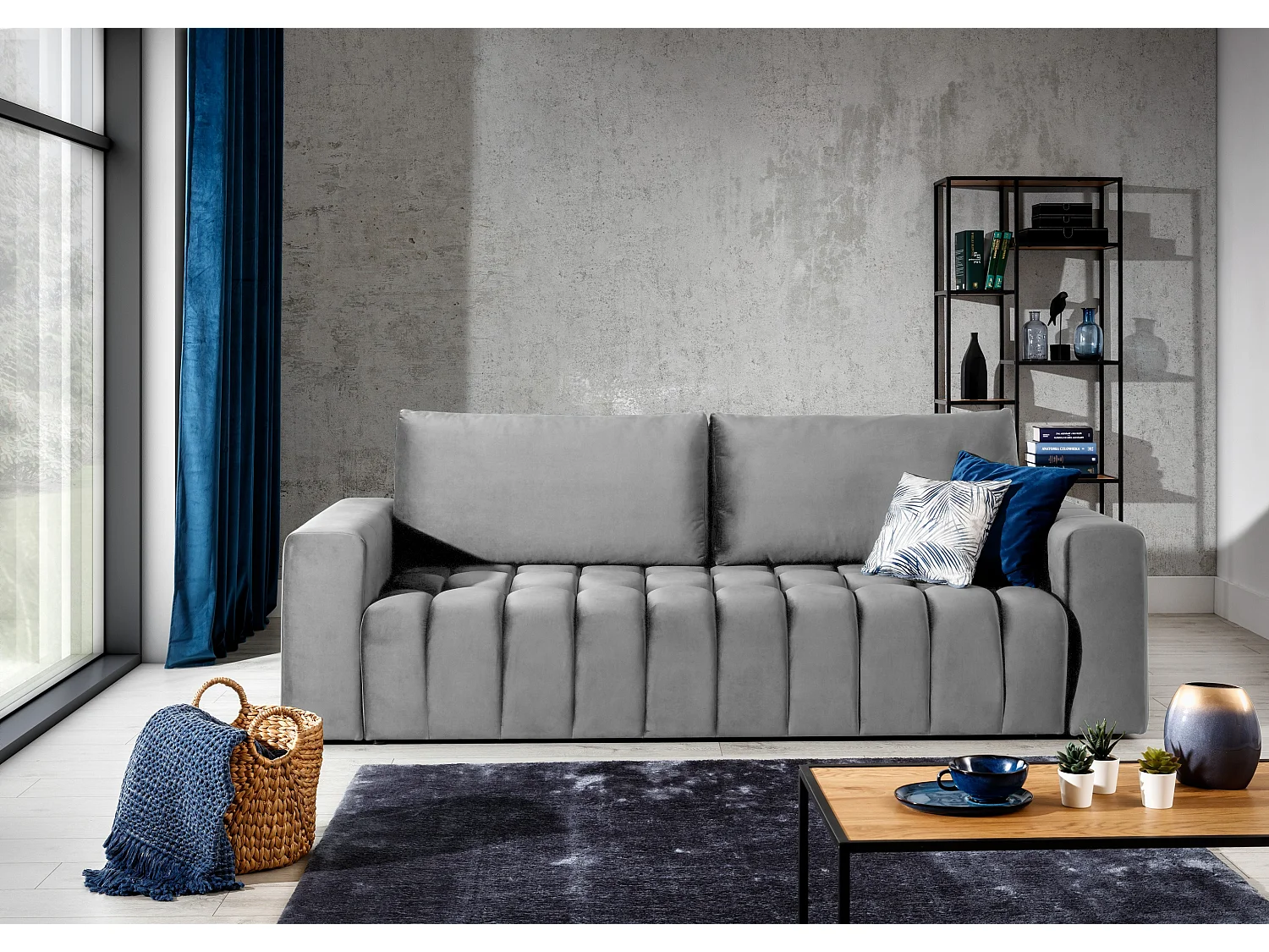 Canapé convertible 3 places velours gris clair avec coffre de rangement Larko 245cm