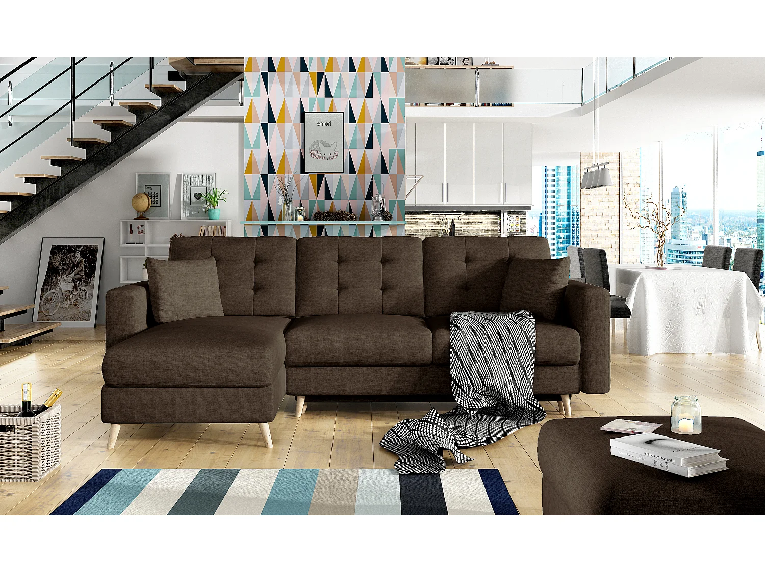 Canapé d'angle réversible et convertible tissu marron Anska 250cm