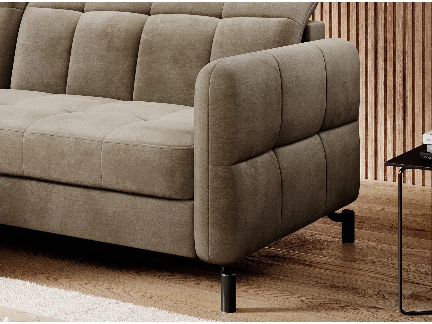 Canapé convertible velours matelassé taupe angle gauche Lory 225cm