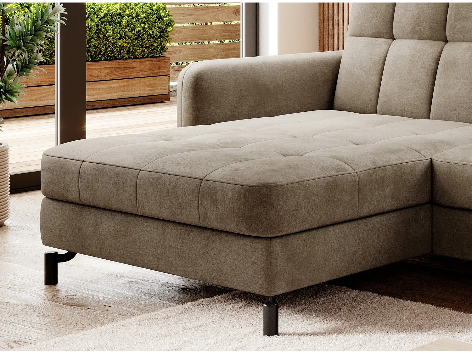 Canapé convertible velours matelassé taupe angle gauche Lory 225cm