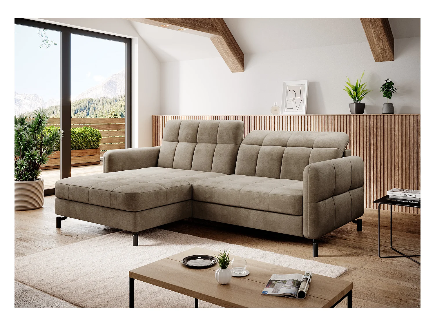Canapé convertible velours matelassé taupe angle gauche Lory 225cm