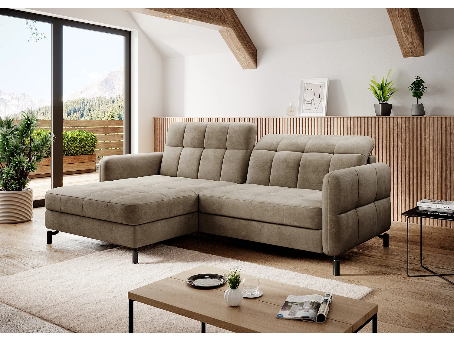 Canapé convertible velours matelassé taupe angle gauche Lory 225cm