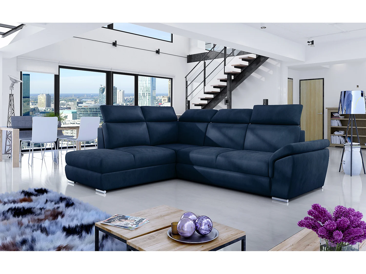 Canapé angle gauche convertible velours bleu foncé avec appuis-tête réglables Kepita 260cm