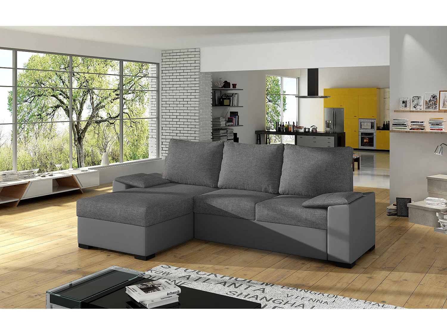 Canapé angle convertible et réversible simili gris et tissu gris foncé Luzo 245cm