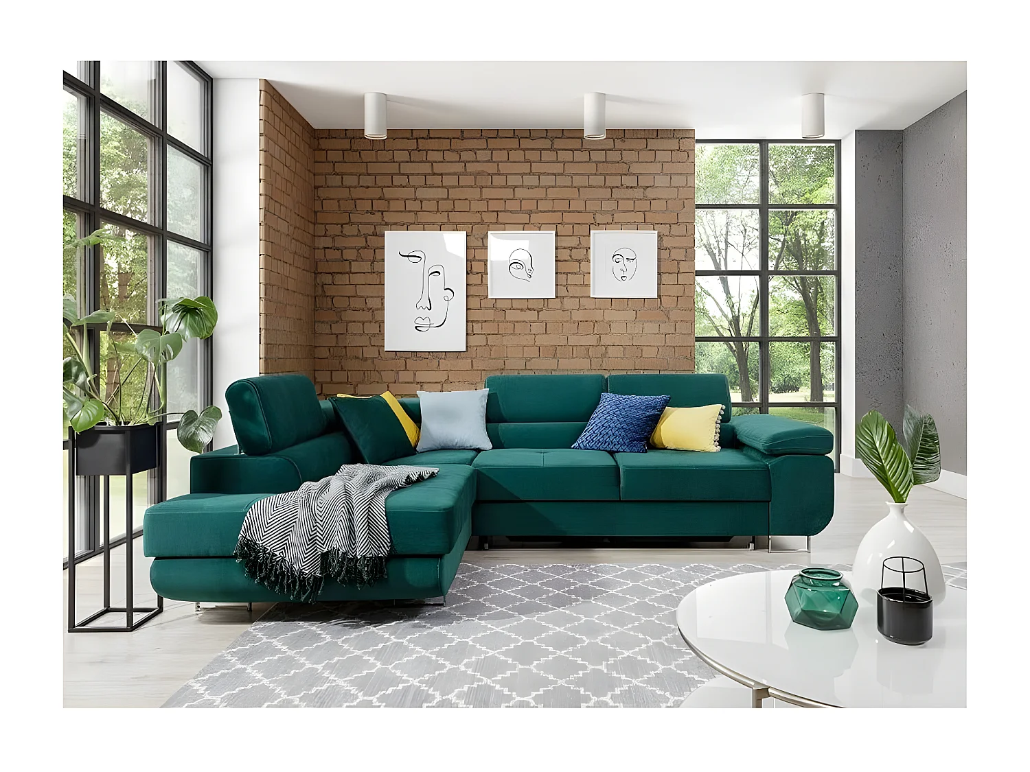 Canapé d'angle gauche convertible velours vert sapin Marka 275cm