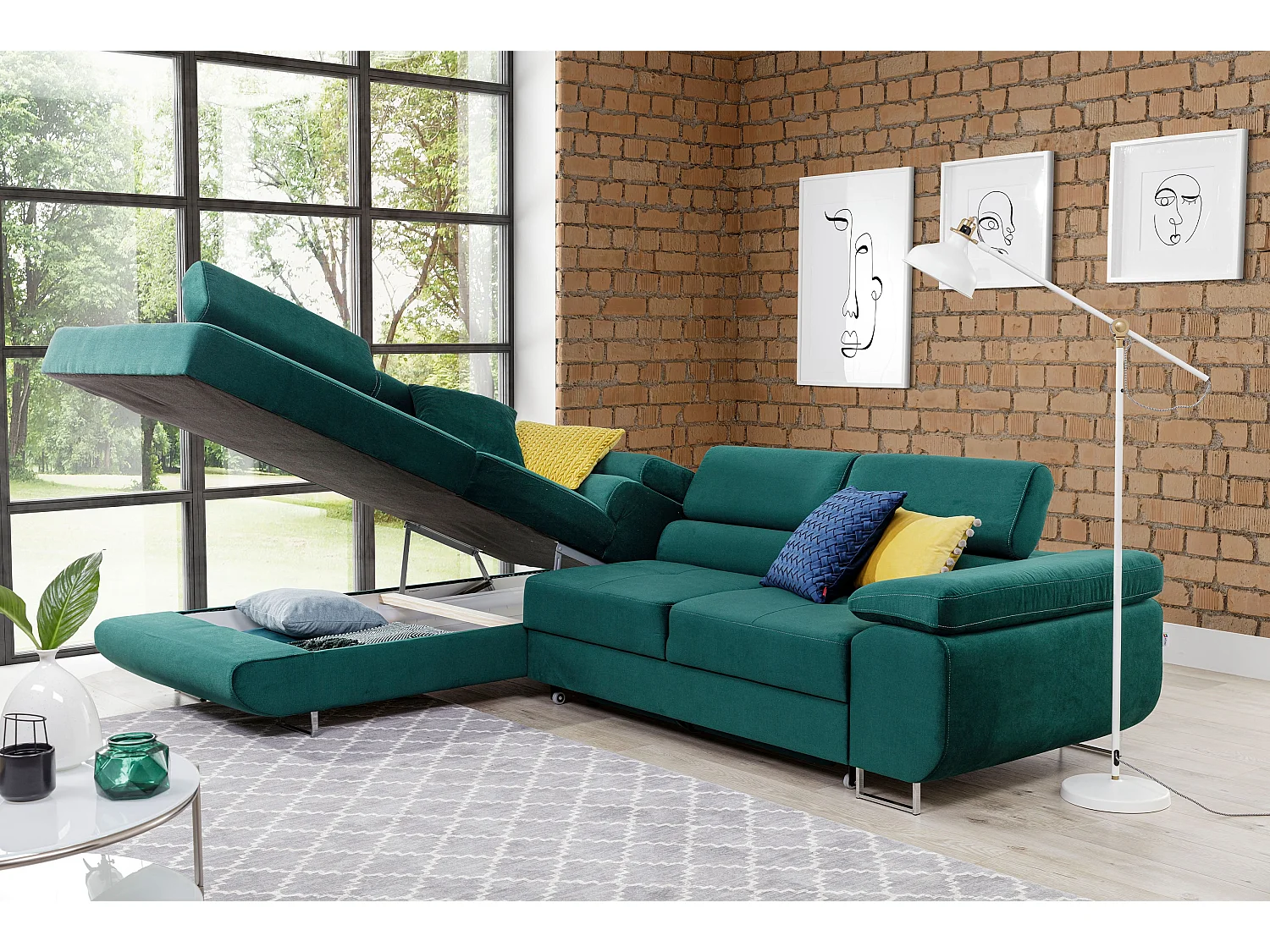 Sofá esquinero convertible en terciopelo con reposacabezas elevables - Colección Marka-Verde-Ángulo izquierdo