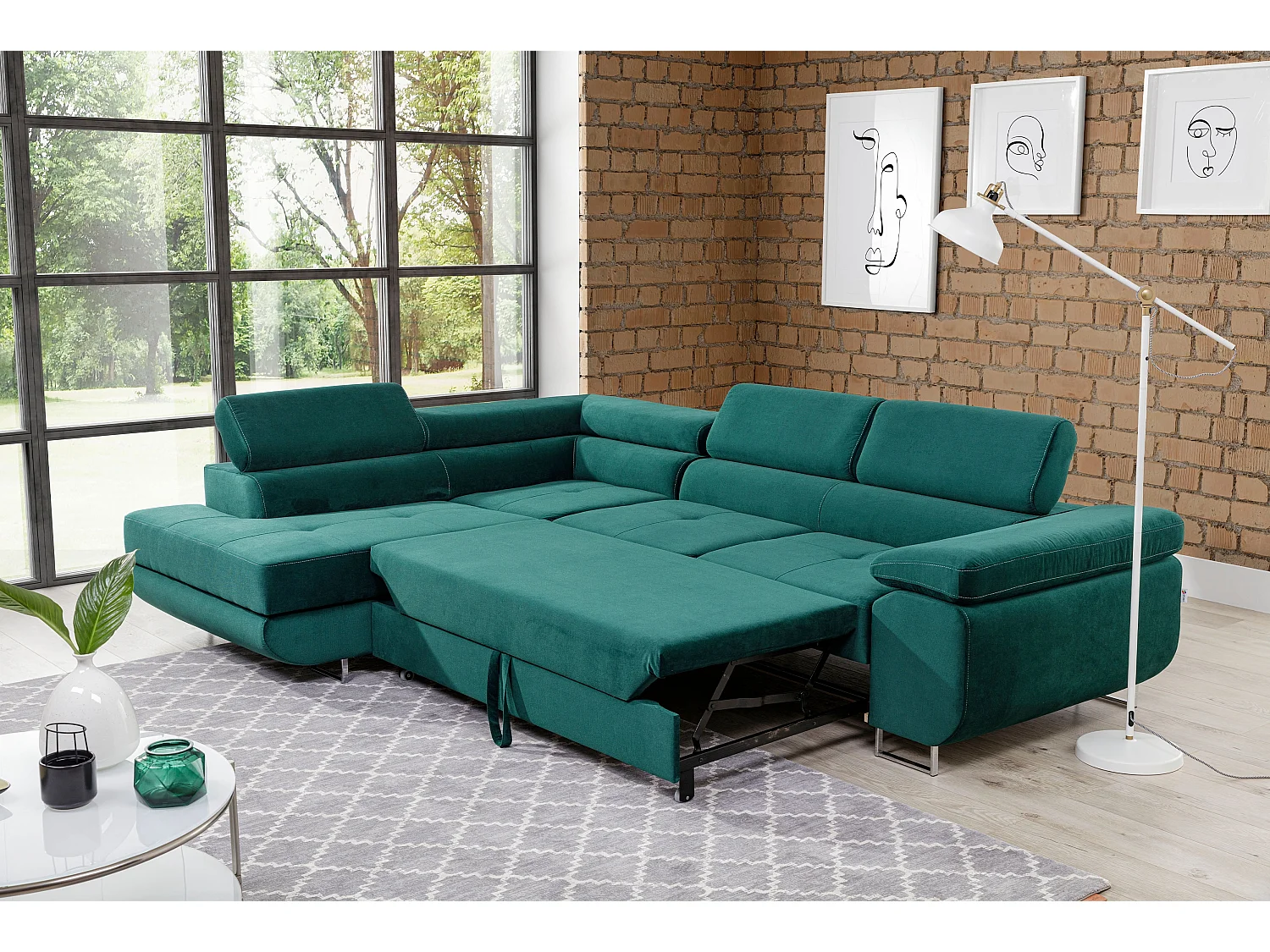 Sofá esquinero convertible en terciopelo con reposacabezas elevables - Colección Marka-Verde-Ángulo izquierdo