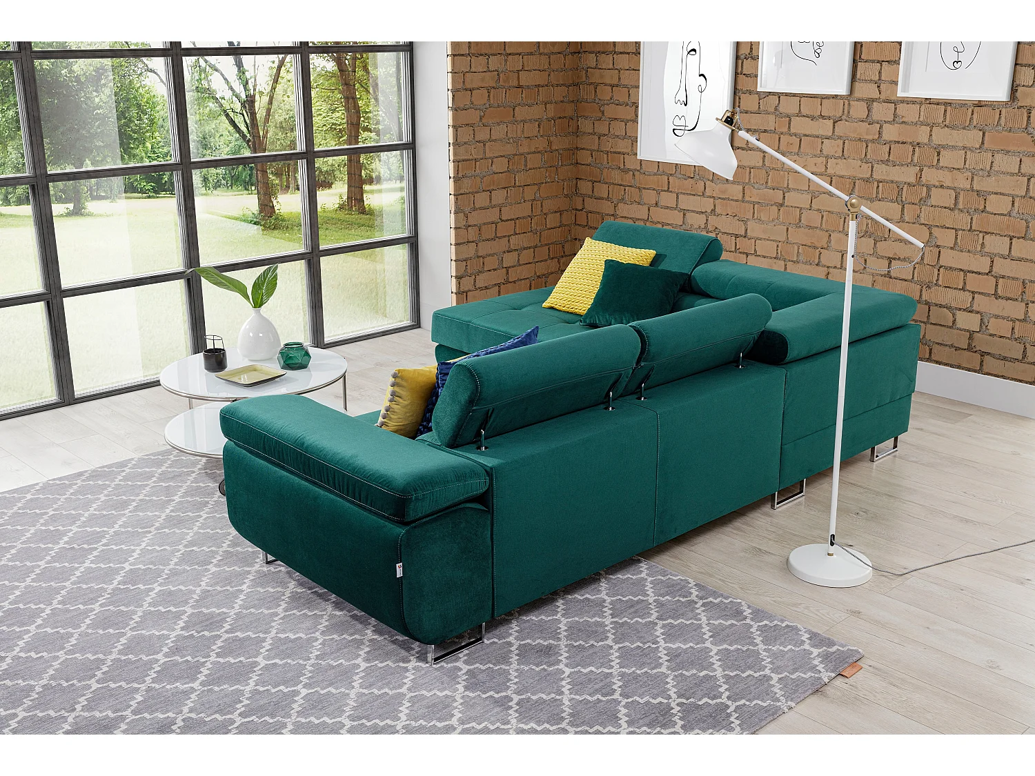 Sofá esquinero convertible en terciopelo con reposacabezas elevables - Colección Marka-Verde-Ángulo izquierdo