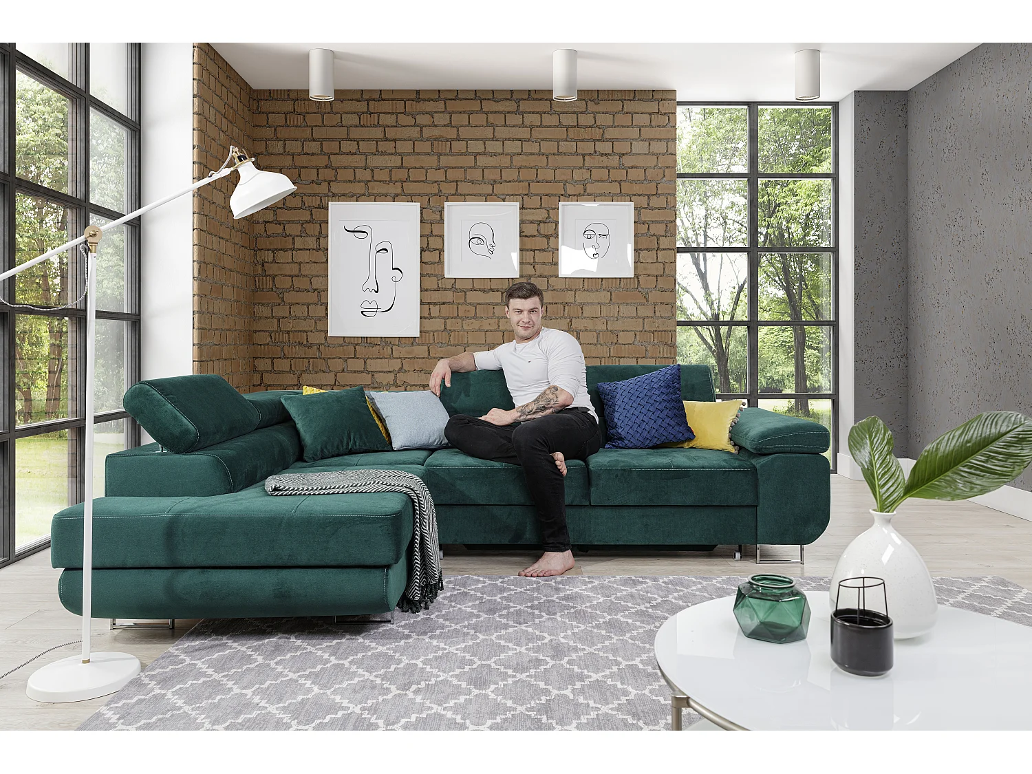 Sofá esquinero convertible en terciopelo con reposacabezas elevables - Colección Marka-Verde-Ángulo izquierdo