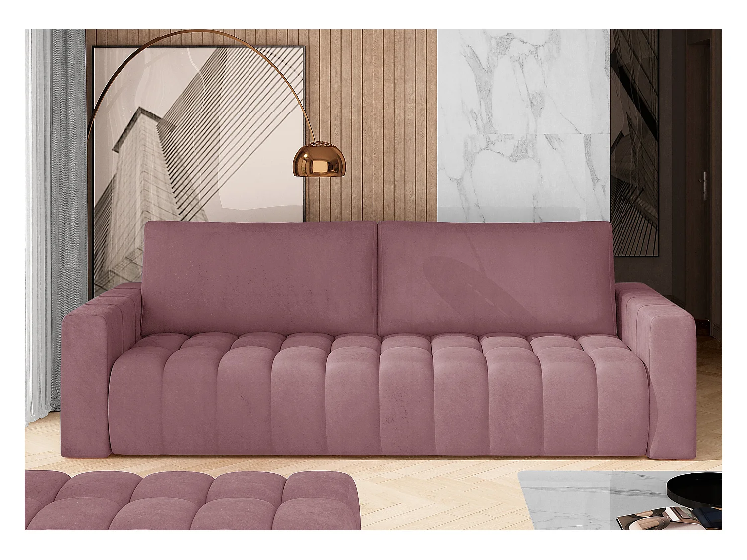 Canapé convertible 3 places velours rose avec coffre de rangement Larko 245cm