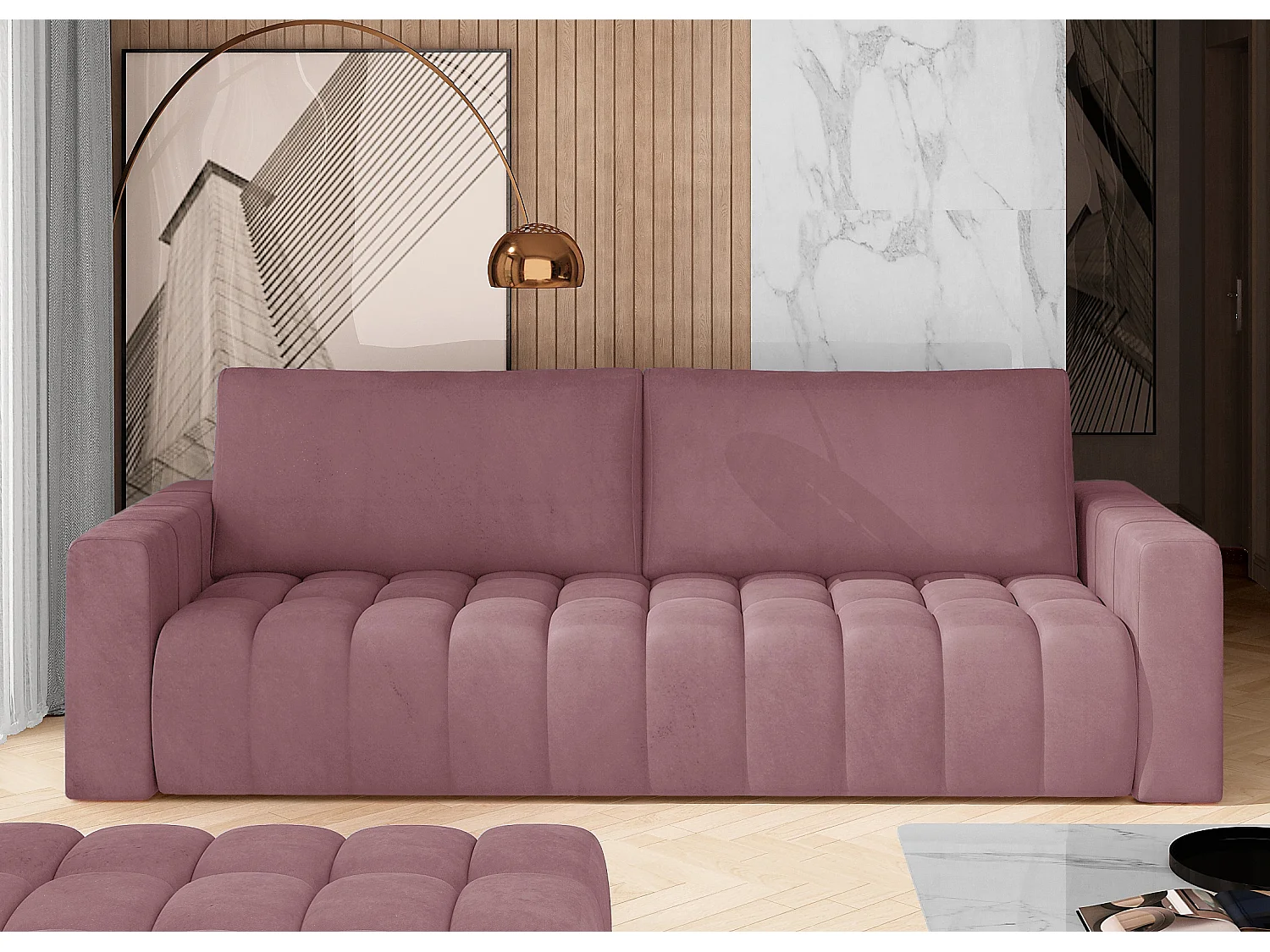 3-zits roze fluwelen slaapbank met opbergbox Larko 245 cm