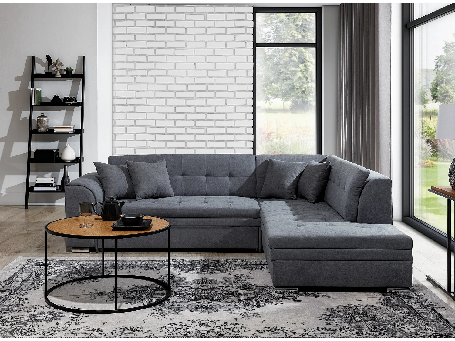 Canapé convertible angle droit tissu gris et chromé Pika 260cm