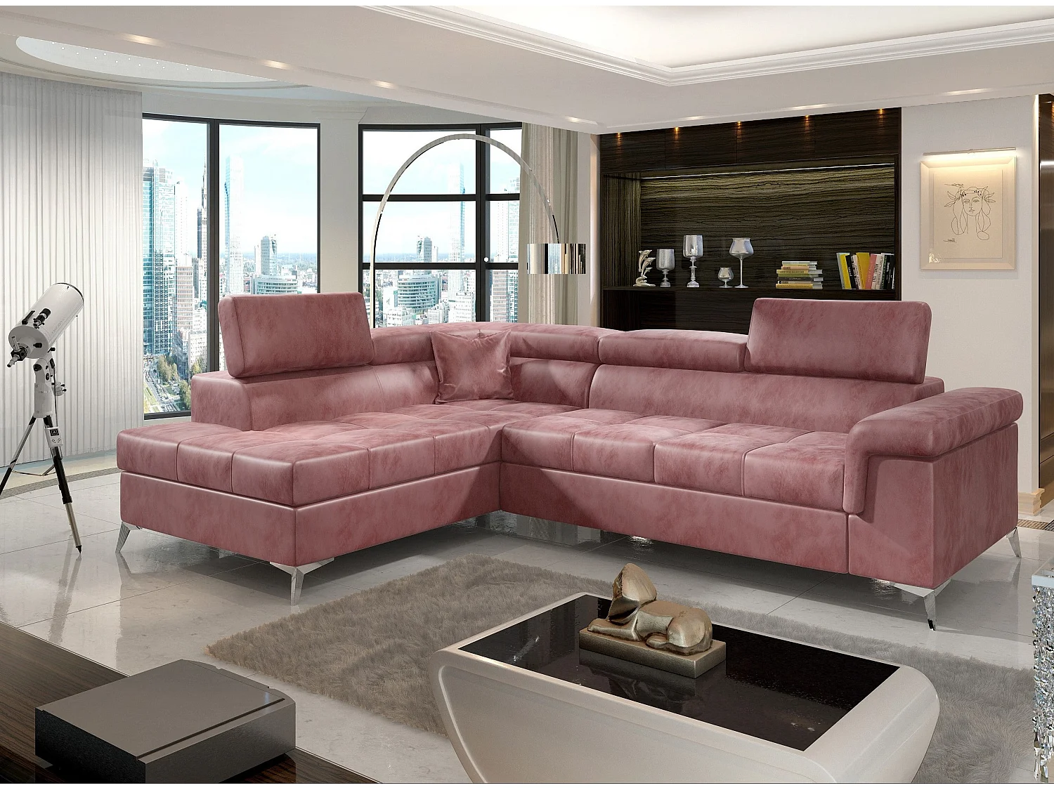 Canapé convertible d'angle gauche velours rose Marido 275cm