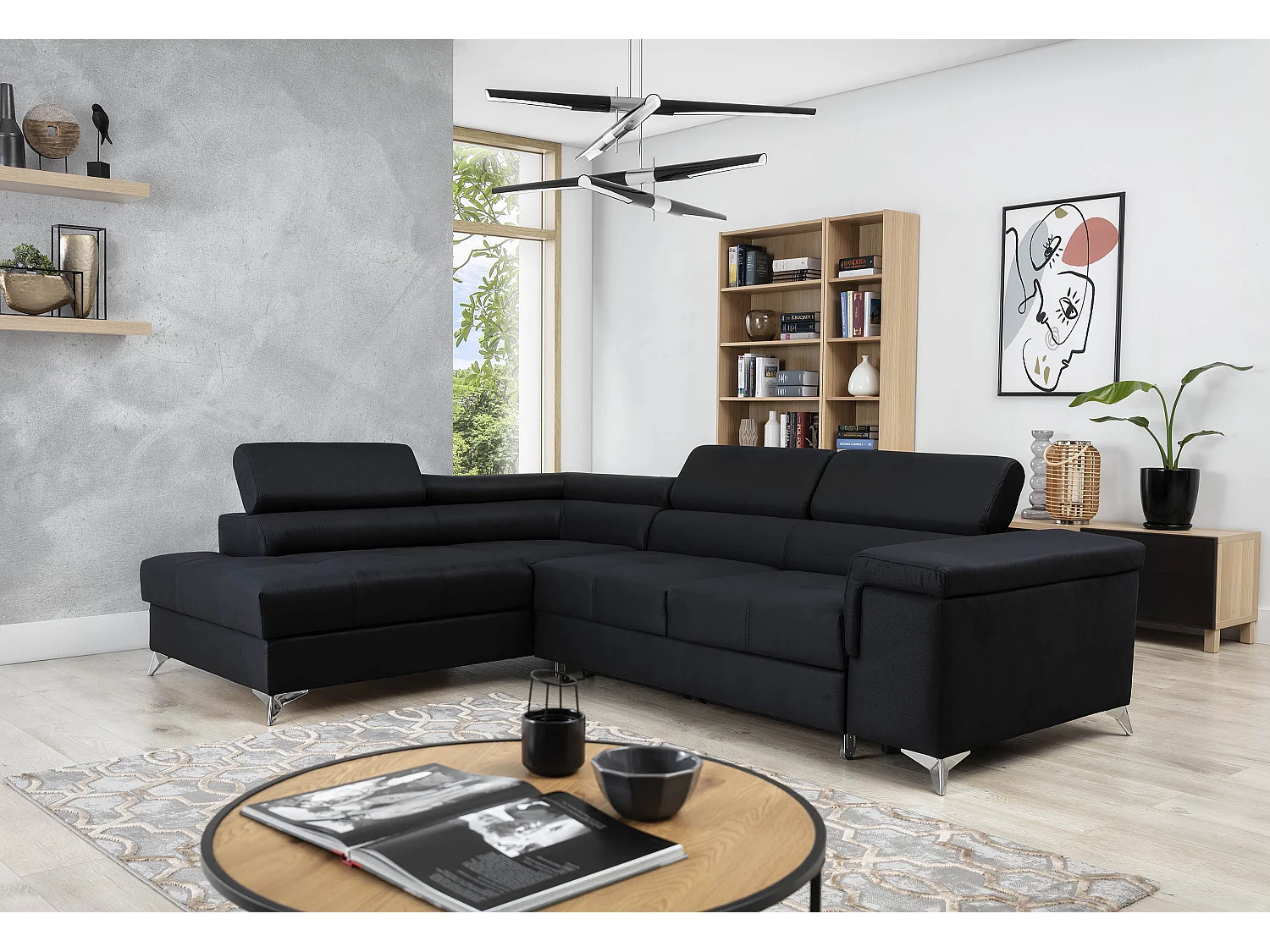 Canapé convertible d'angle gauche velours rose Marido 275cm