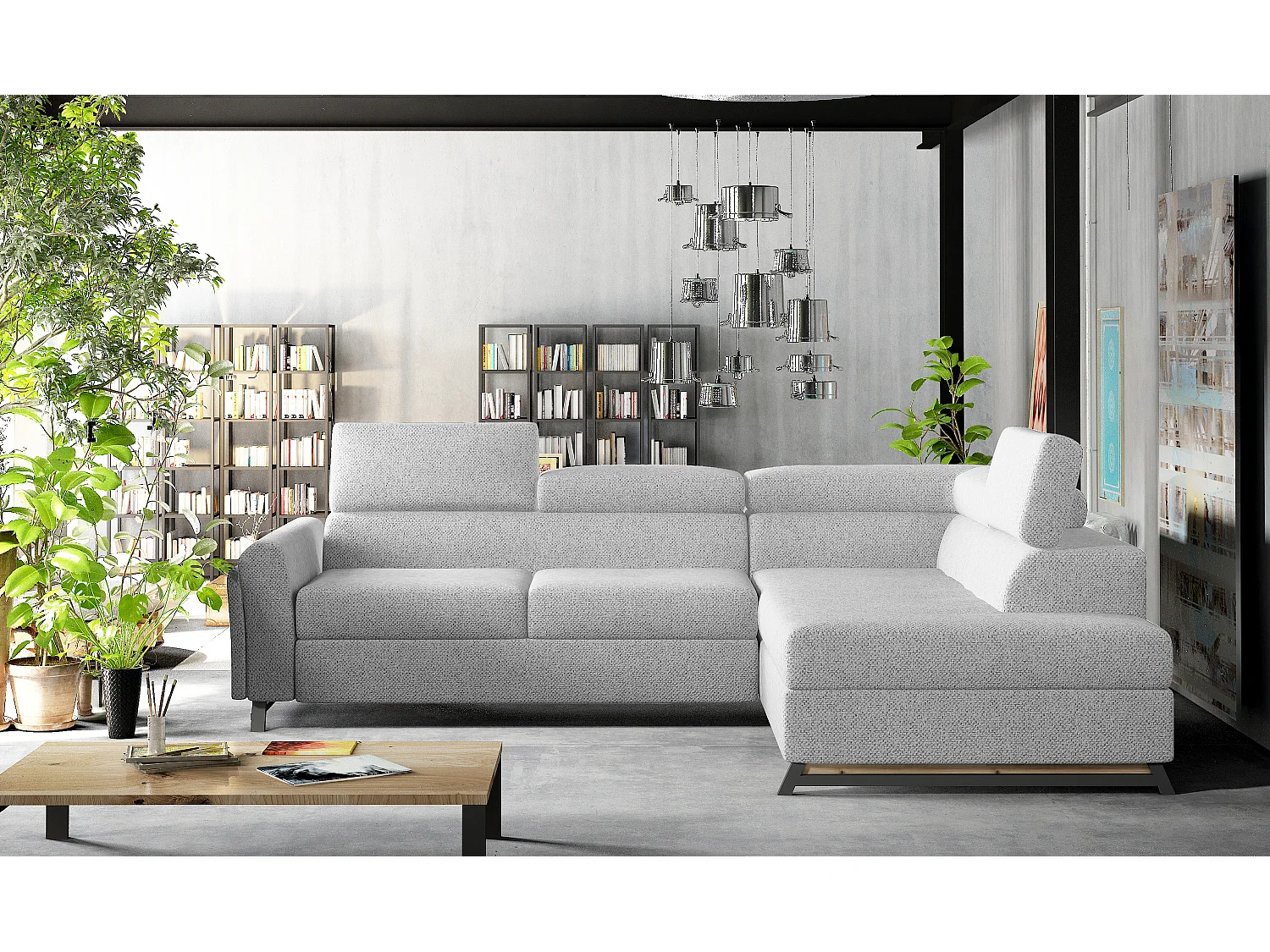 Canapé angle droit convertible tissu gris clair avec têtières réglables Nikos 265cm