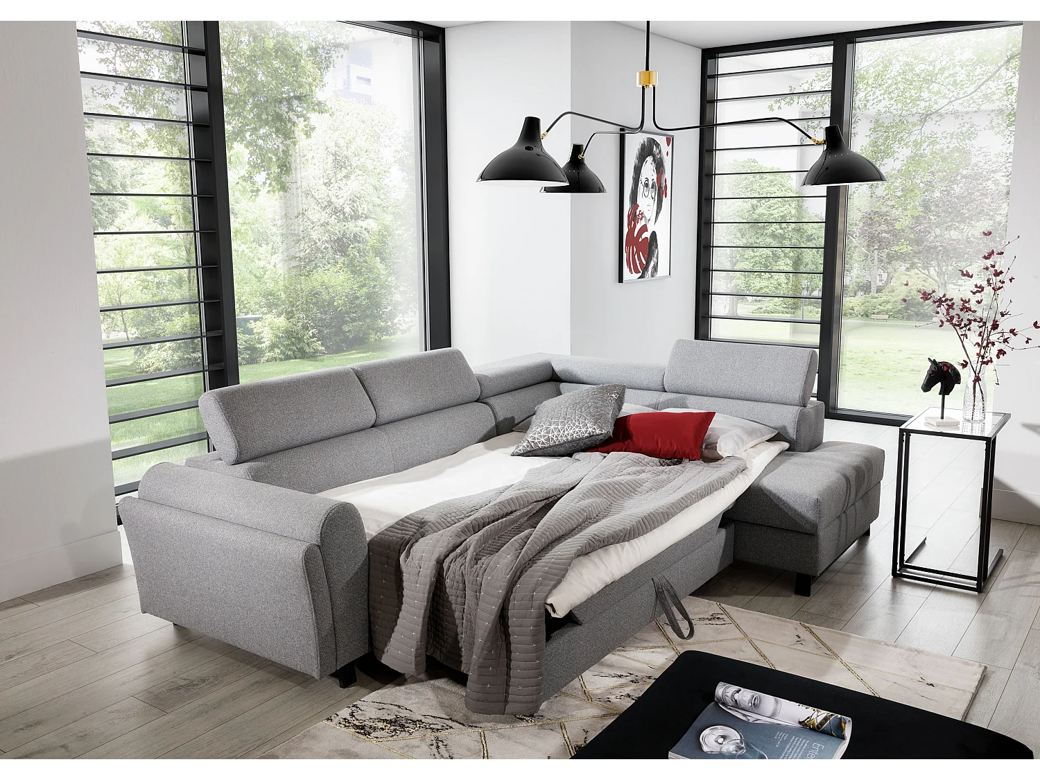 Canapé angle droit convertible tissu gris clair avec têtières réglables Nikos 265cm