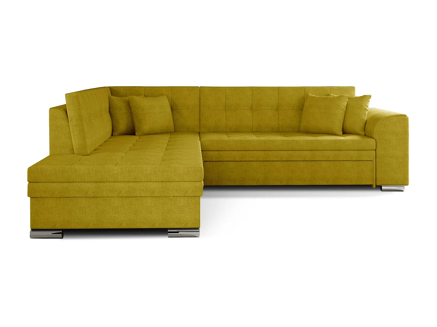 Canapé convertible angle gauche tissu jaune moutarde et chromé Pika 260cm