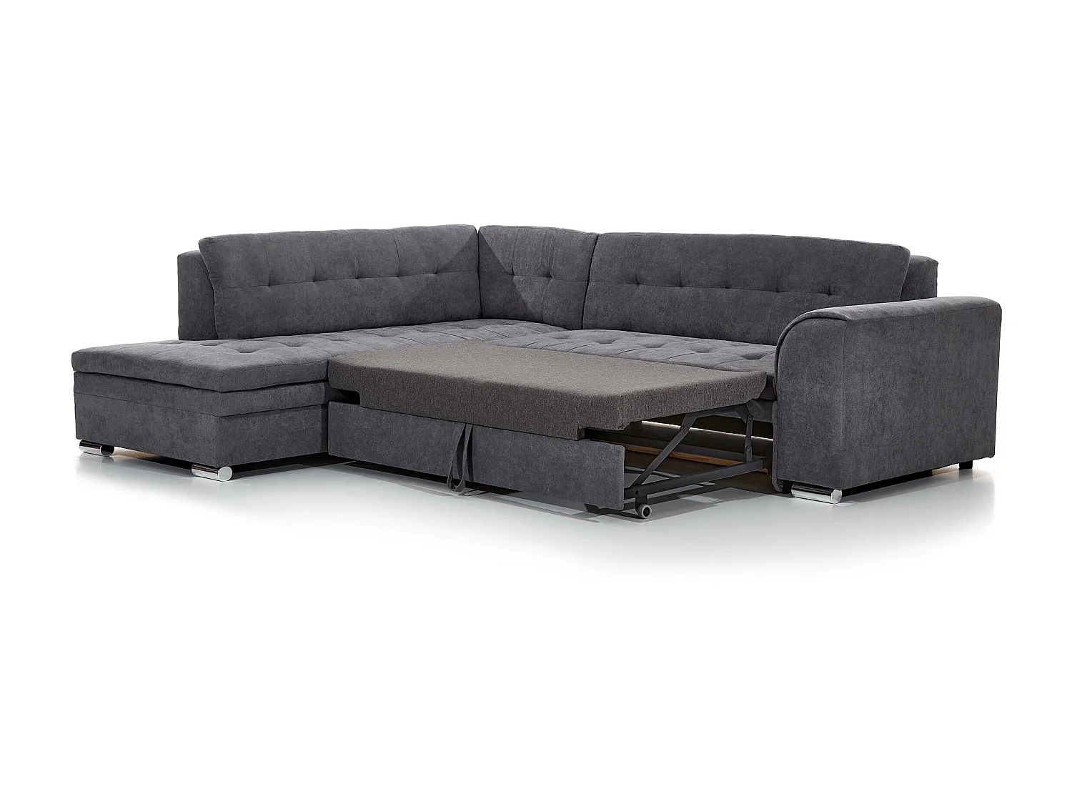 Canapé convertible angle gauche tissu jaune moutarde et chromé Pika 260cm