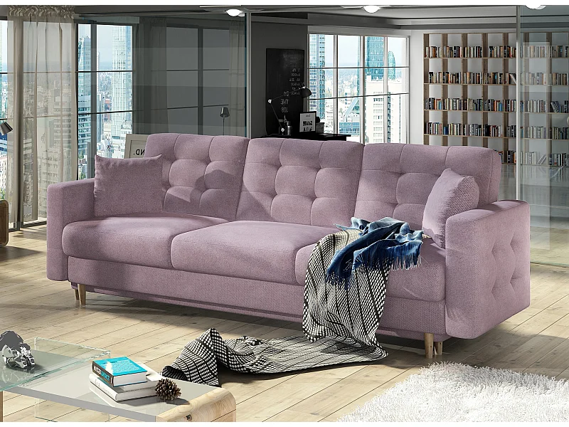 Canapé 3 places convertible matelassé tissu rose clair Anska 235cm