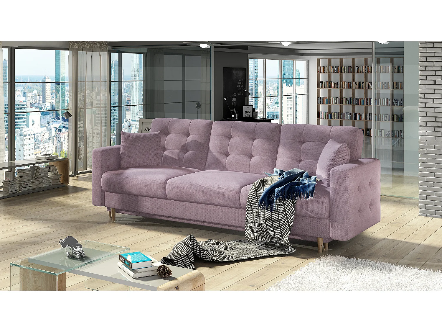 Canapé 3 places convertible matelassé tissu rose clair Anska 235cm