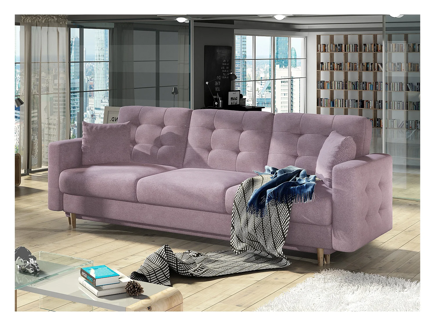 Canapé 3 places convertible matelassé tissu rose clair Anska 235cm