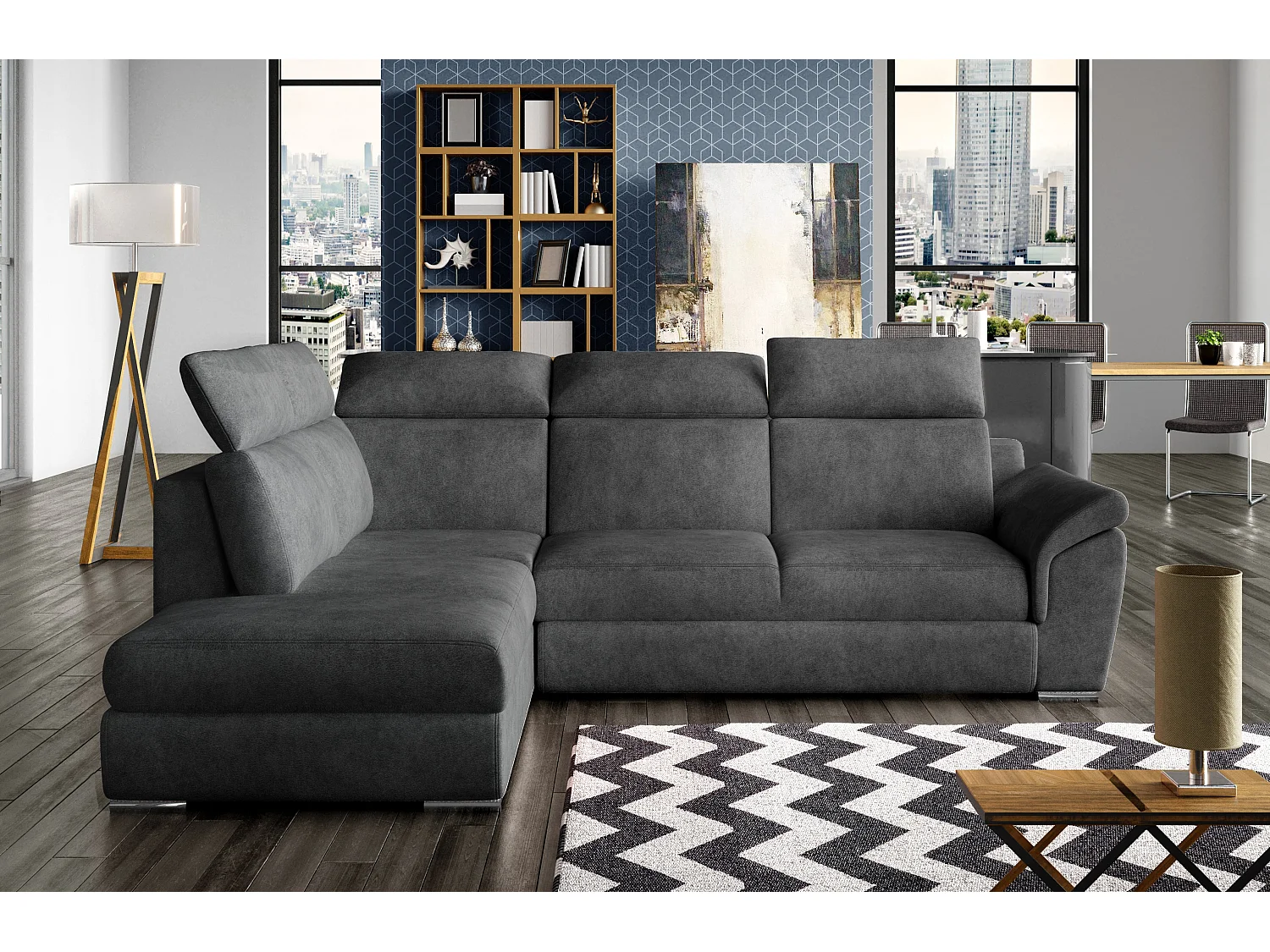 Canapé angle gauche convertible tissu gris foncé avec appuis-tête réglables Kepita 260cm