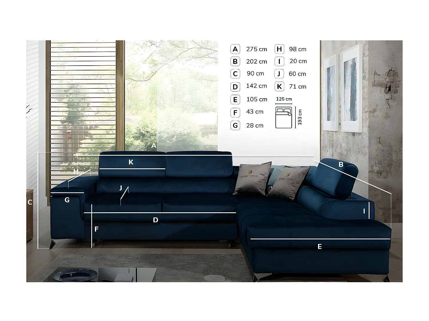 Canapé d'angle gauche convertible velours gris clair Marido 275cm