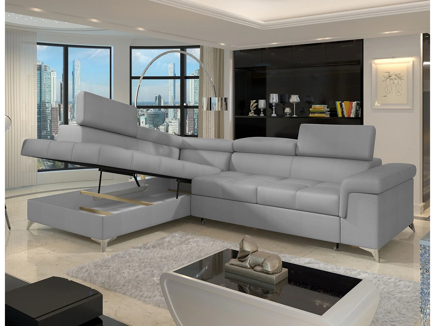 Canapé d'angle convertible velours MARIDO - Coffre et appuis-tête réglables-Gris clair-angle gauche