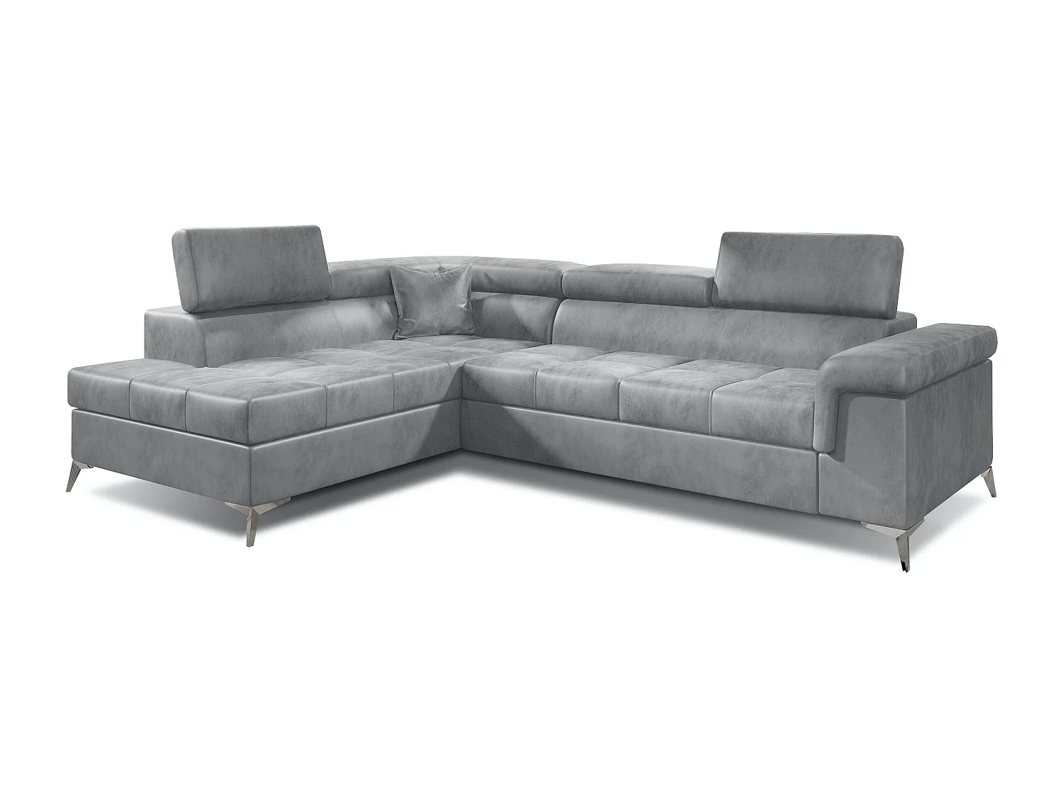 Canapé d'angle convertible velours MARIDO - Coffre et appuis-tête réglables-Gris clair-angle gauche