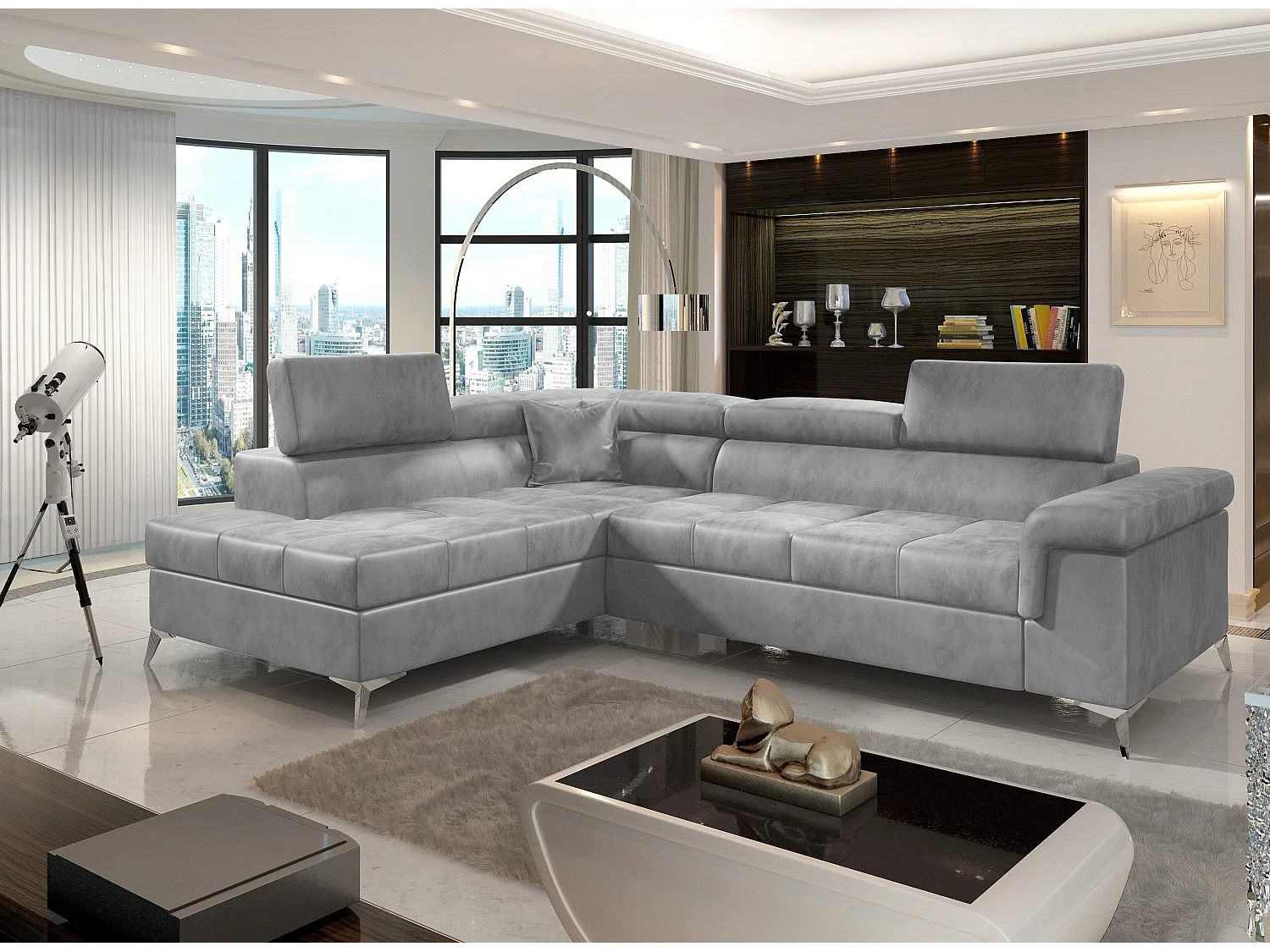 Canapé d'angle convertible velours MARIDO - Coffre et appuis-tête réglables-Gris clair-angle gauche