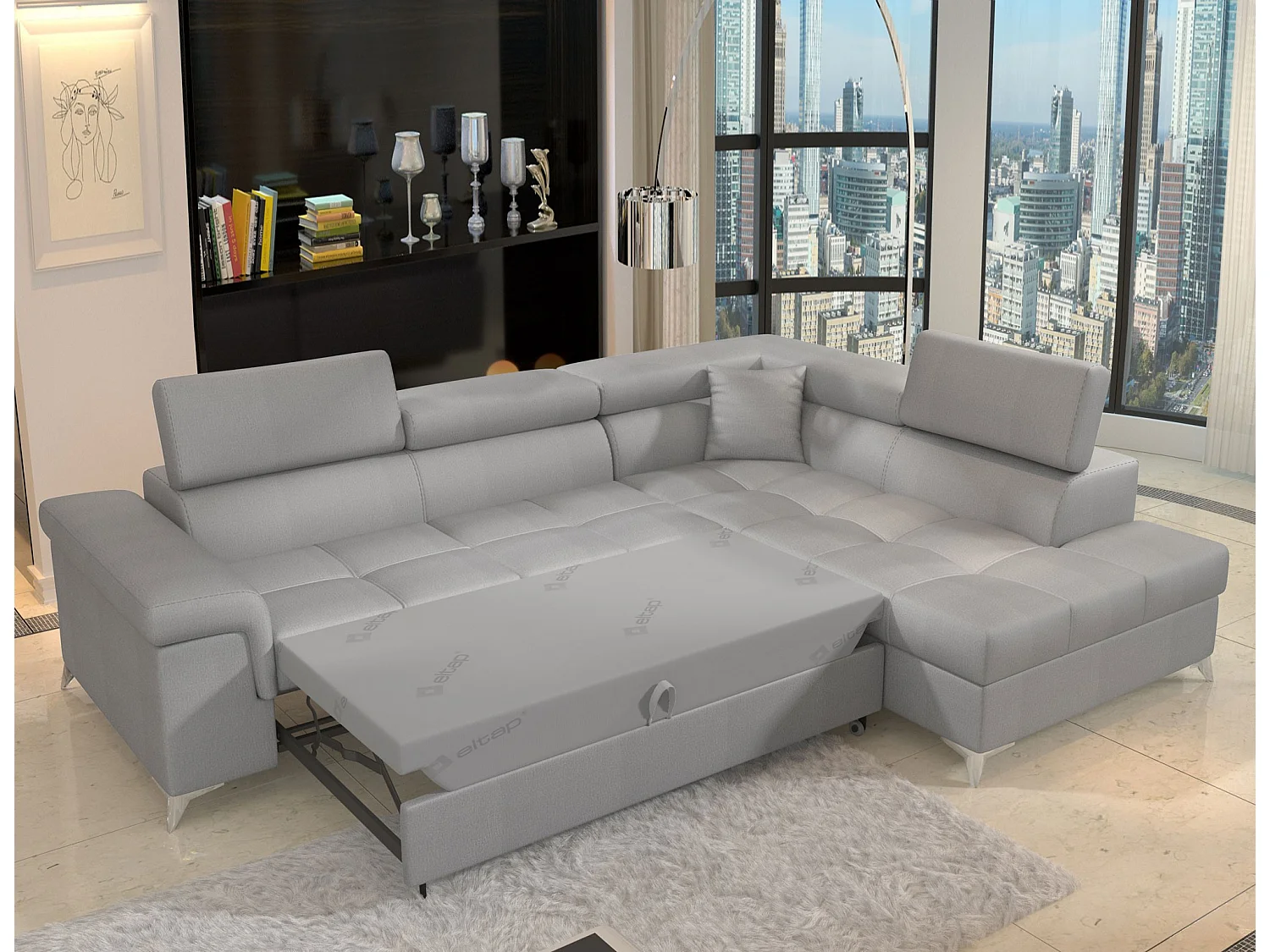 Canapé d'angle convertible velours MARIDO - Coffre et appuis-tête réglables-Gris clair-angle gauche