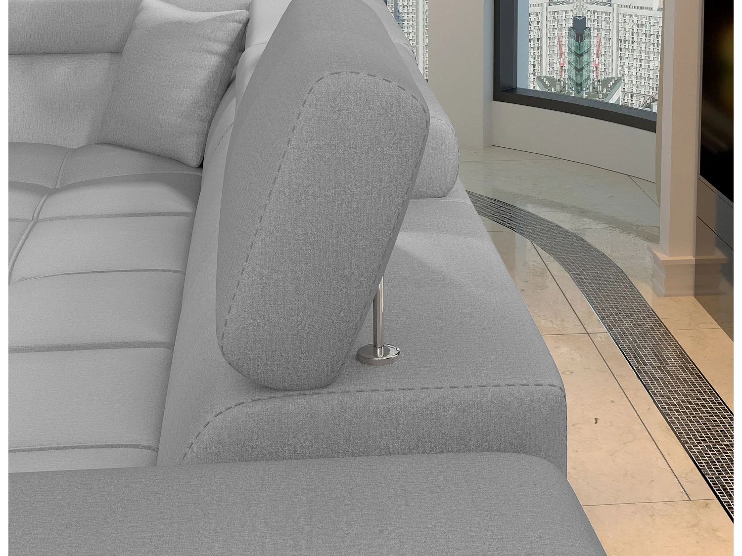 Canapé d'angle convertible velours MARIDO - Coffre et appuis-tête réglables-Gris clair-angle gauche