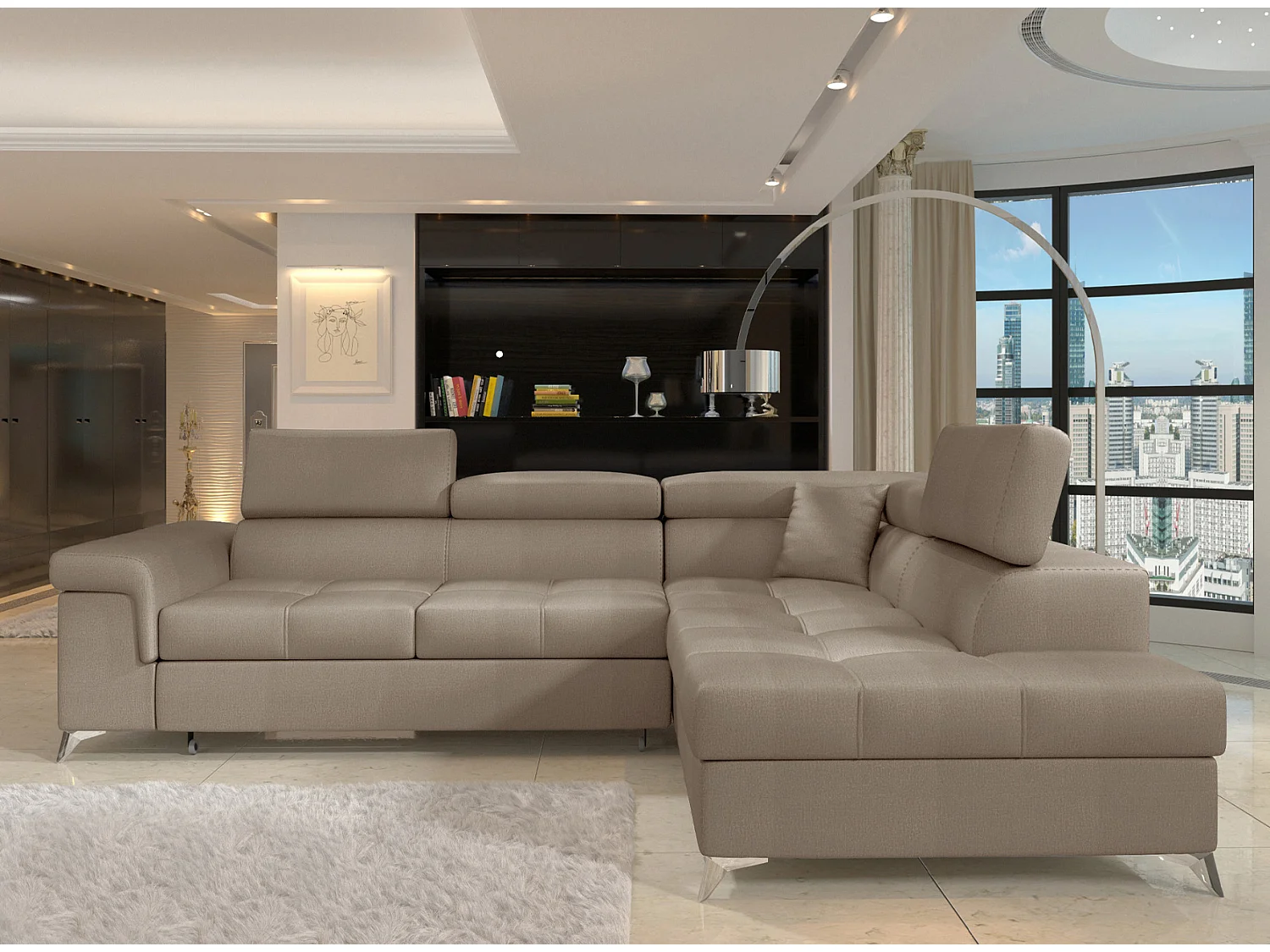 Canapé d'angle convertible velours MARIDO - Coffre et appuis-tête réglables-Gris clair-angle gauche