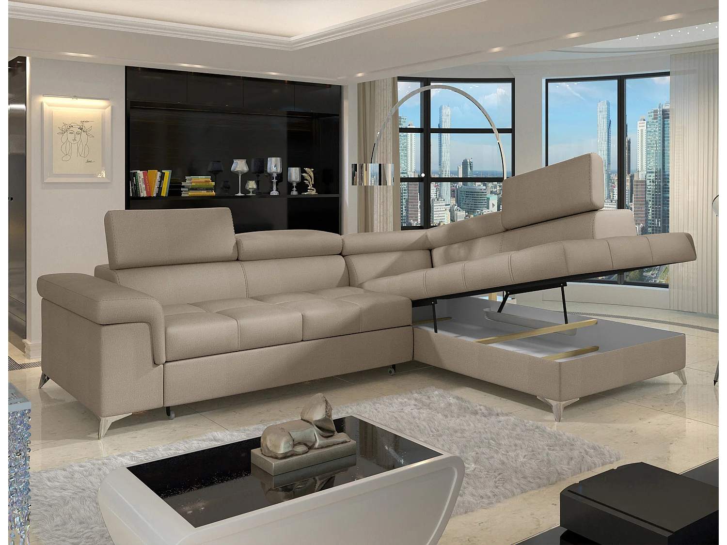 Canapé d'angle convertible velours MARIDO - Coffre et appuis-tête réglables-Gris clair-angle gauche