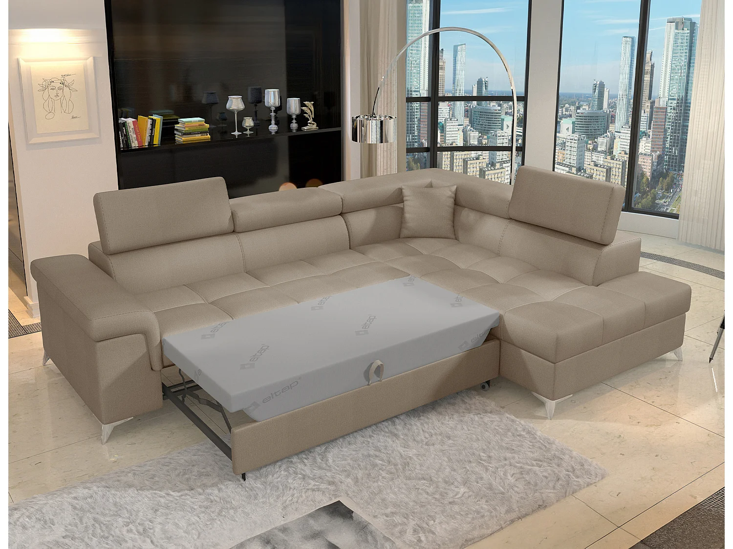 Canapé d'angle convertible velours MARIDO - Coffre et appuis-tête réglables-Gris clair-angle gauche