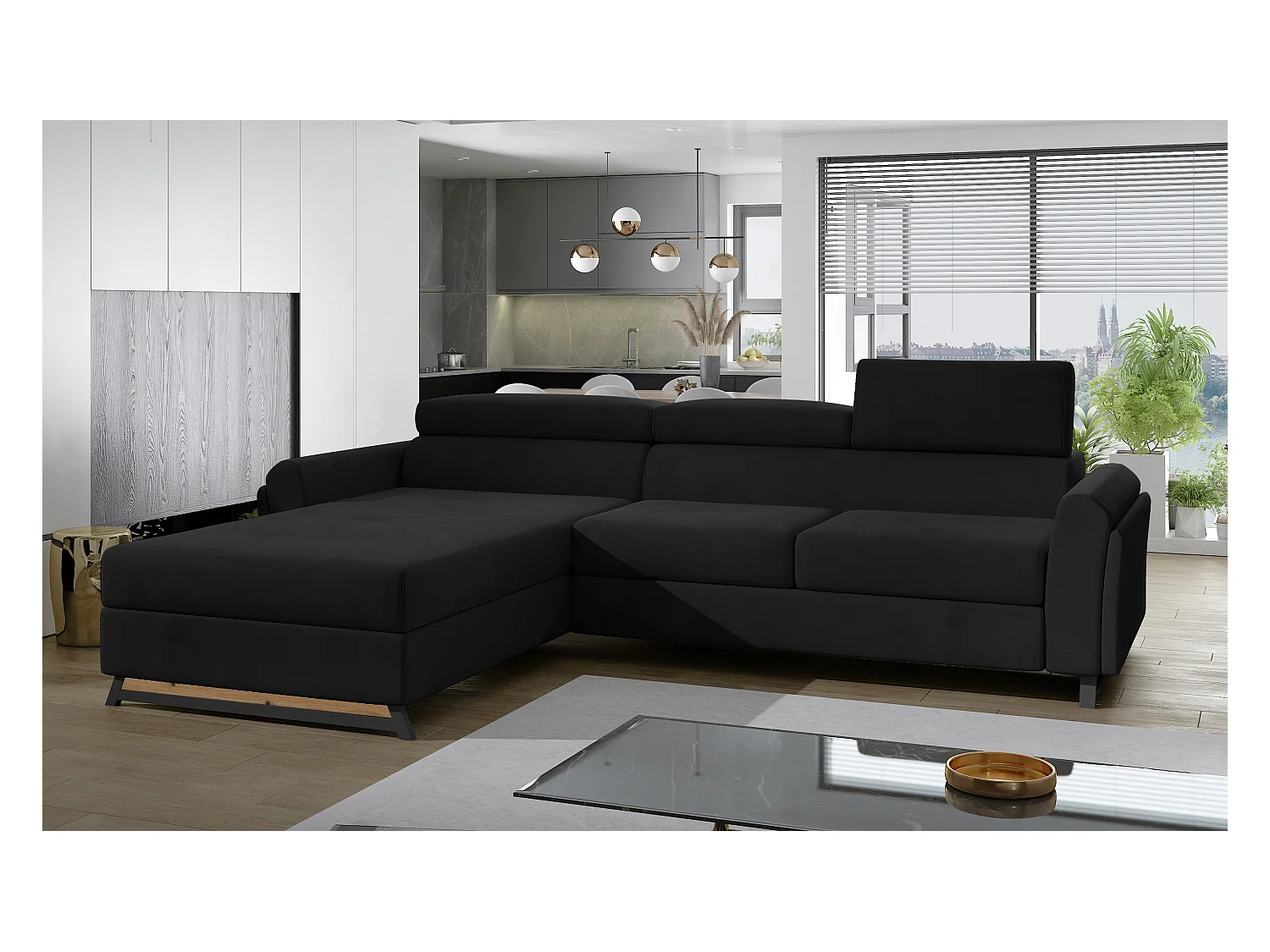 Canapé angle gauche convertible velours noir avec appuis-tête réglables Mazerali 300cm