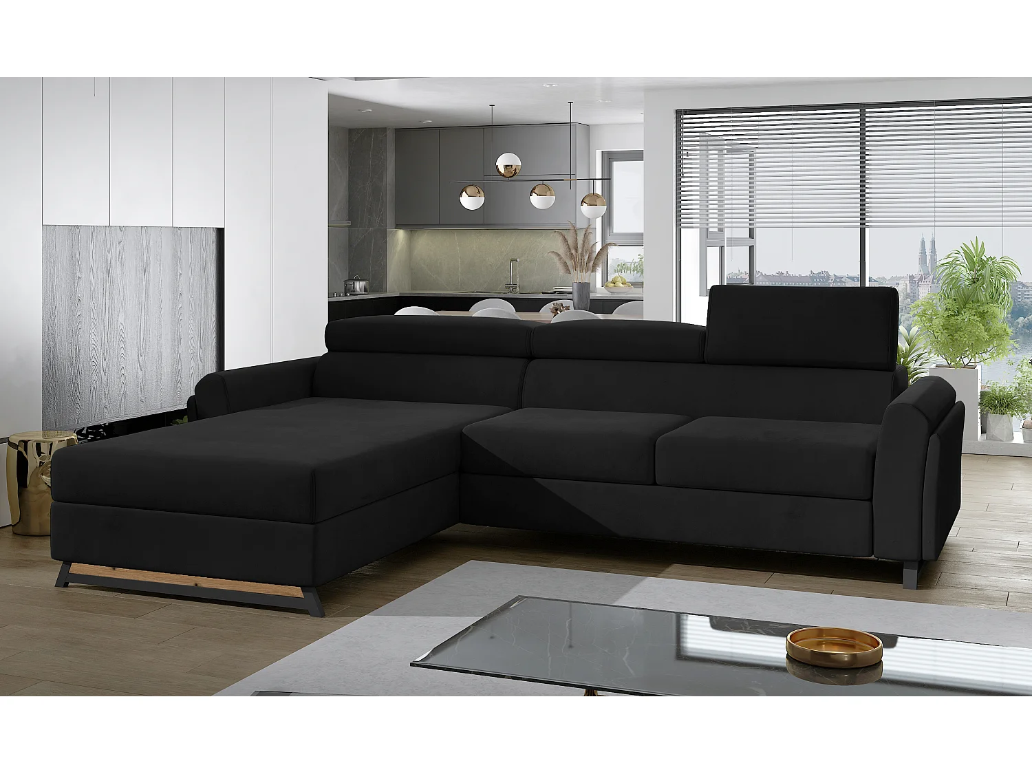 Canapé angle gauche convertible velours noir avec appuis-tête réglables Mazerali 300cm