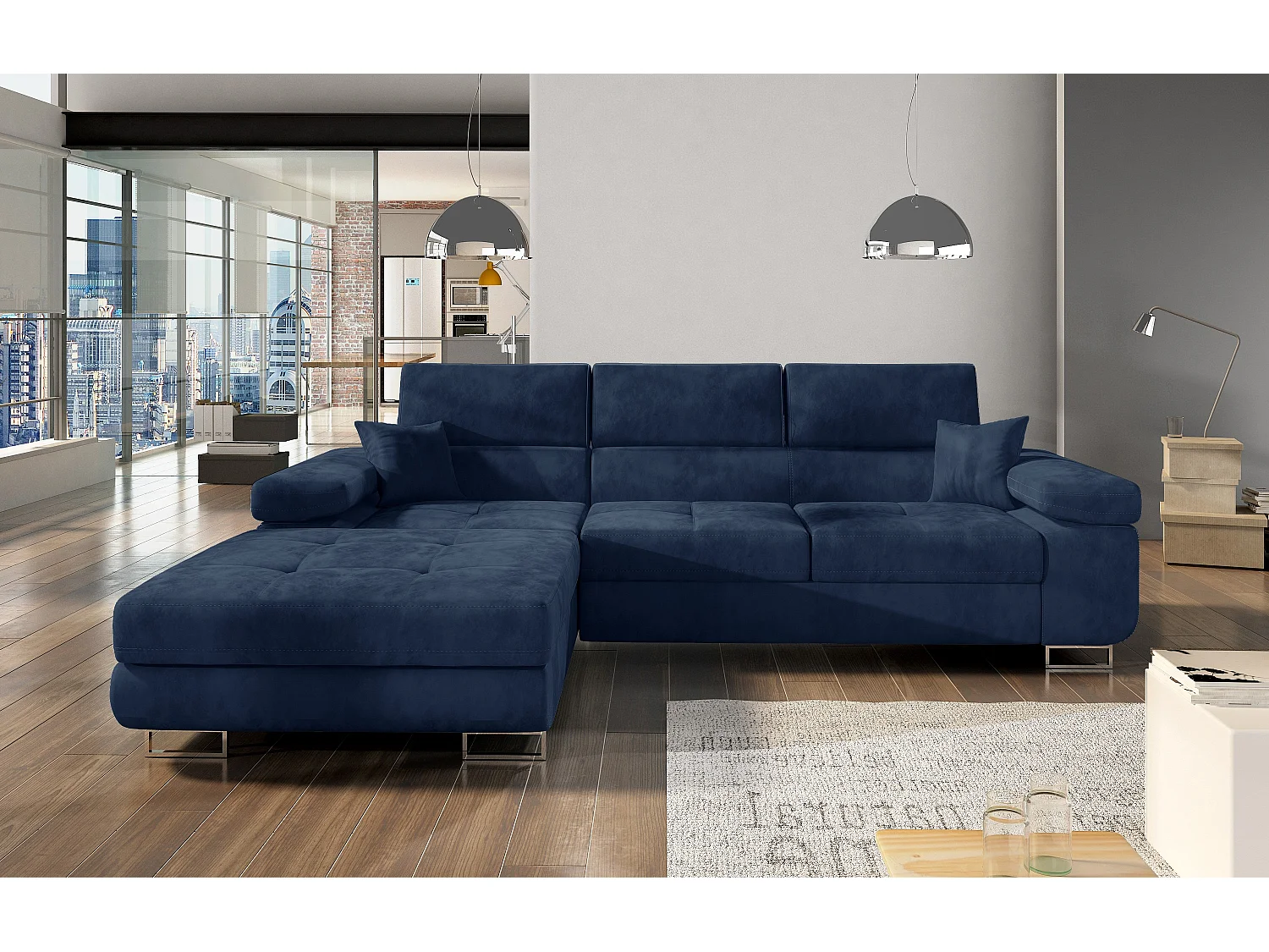 Canapé convertible d'angle gauche velours bleu marine avec rangement Wile 280cm