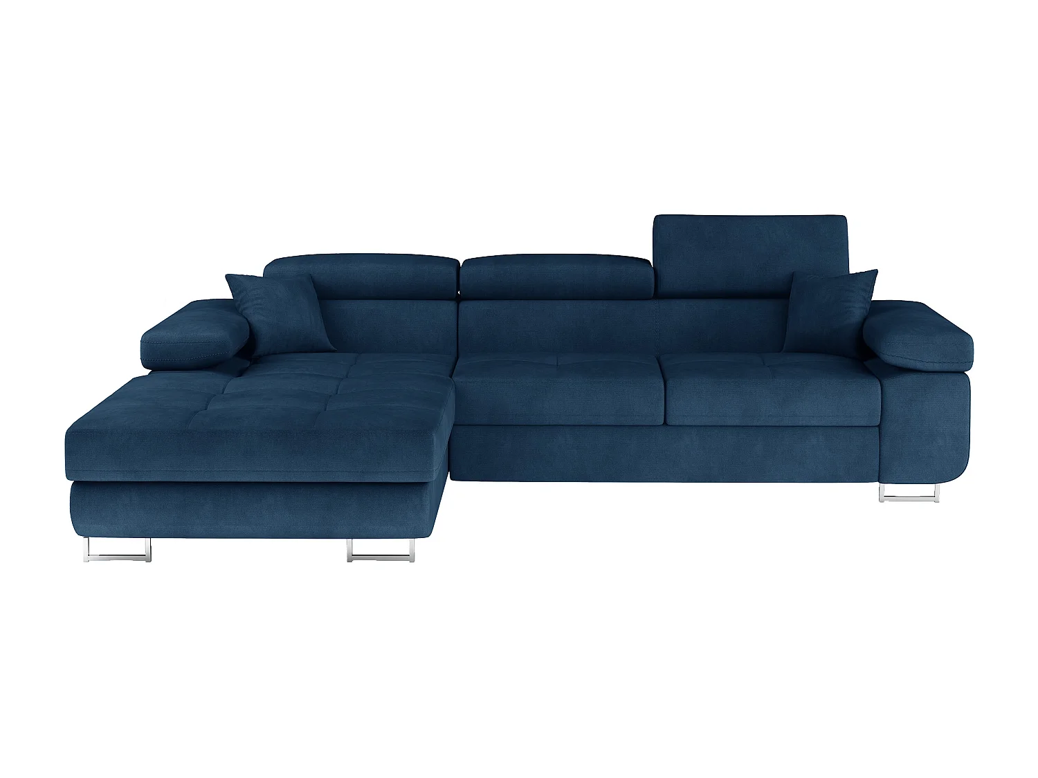 Canapé d'angle convertible velours appuis-tête réglables KALIZO - Coffre et pieds acier chromé-Bleu foncé-angle gauche