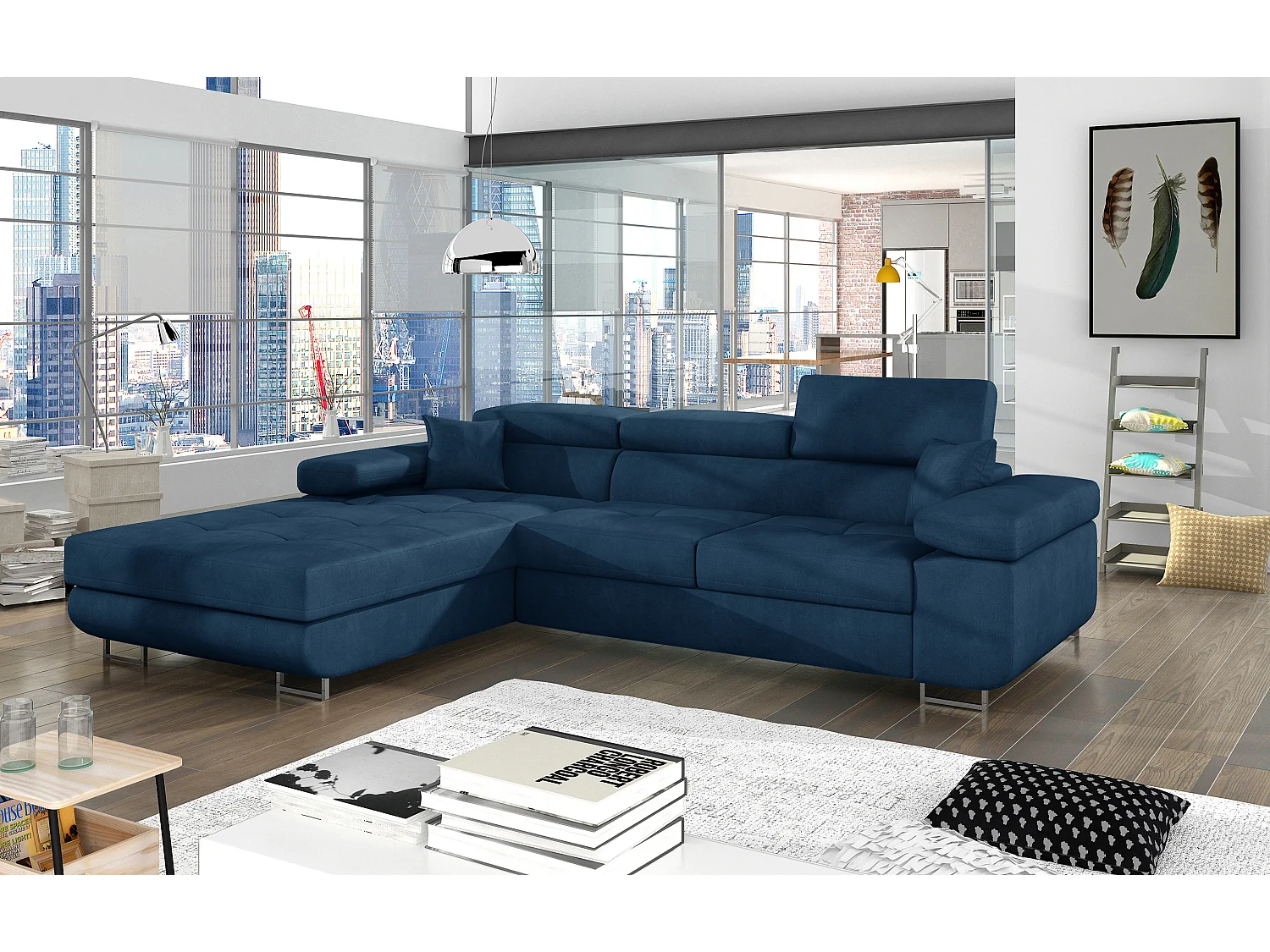 Canapé d'angle convertible velours appuis-tête réglables KALIZO - Coffre et pieds acier chromé-Bleu foncé-angle gauche