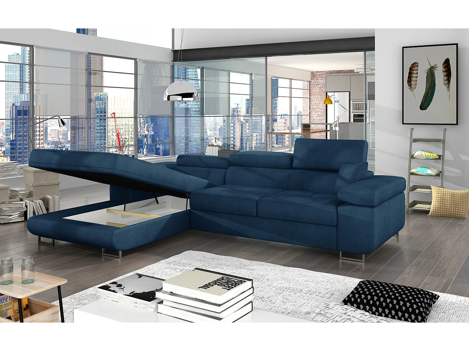 Canapé d'angle convertible velours appuis-tête réglables KALIZO - Coffre et pieds acier chromé-Bleu foncé-angle gauche