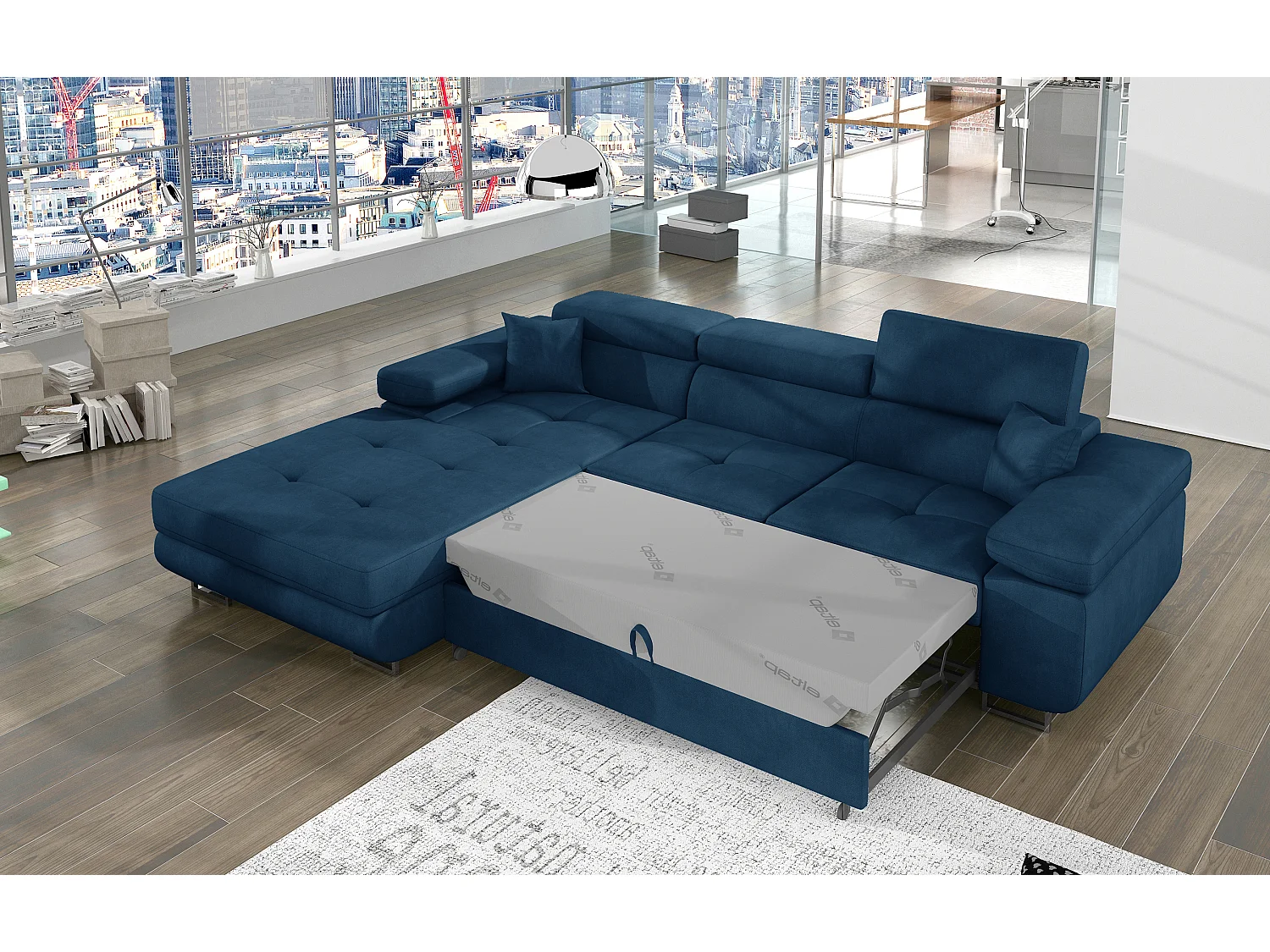 Canapé d'angle convertible velours appuis-tête réglables KALIZO - Coffre et pieds acier chromé-Bleu foncé-angle gauche