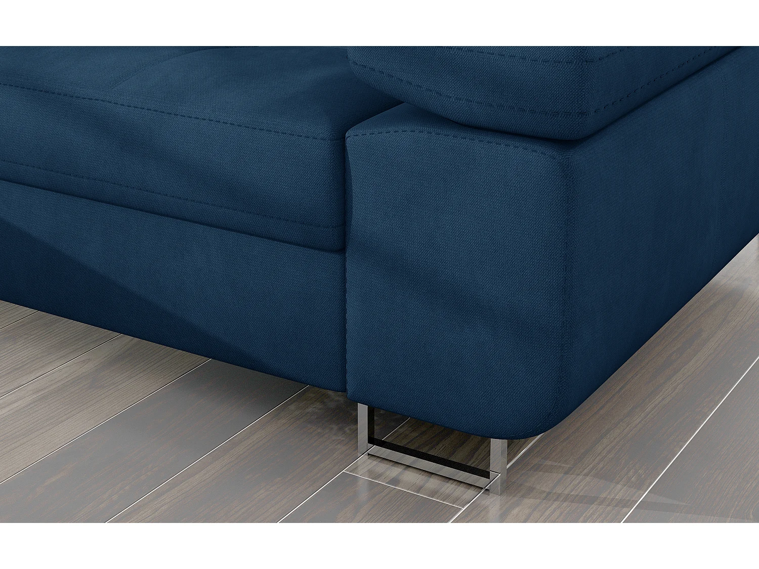 Canapé d'angle convertible velours appuis-tête réglables KALIZO - Coffre et pieds acier chromé-Bleu foncé-angle gauche