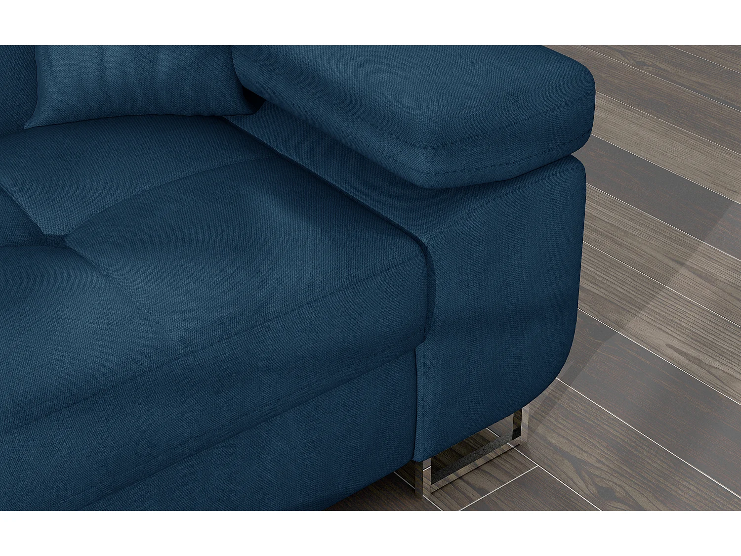 Canapé d'angle convertible velours appuis-tête réglables KALIZO - Coffre et pieds acier chromé-Bleu foncé-angle gauche