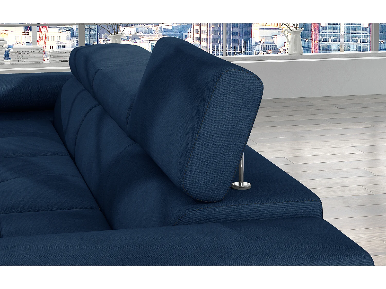 Canapé d'angle convertible velours appuis-tête réglables KALIZO - Coffre et pieds acier chromé-Bleu foncé-angle gauche