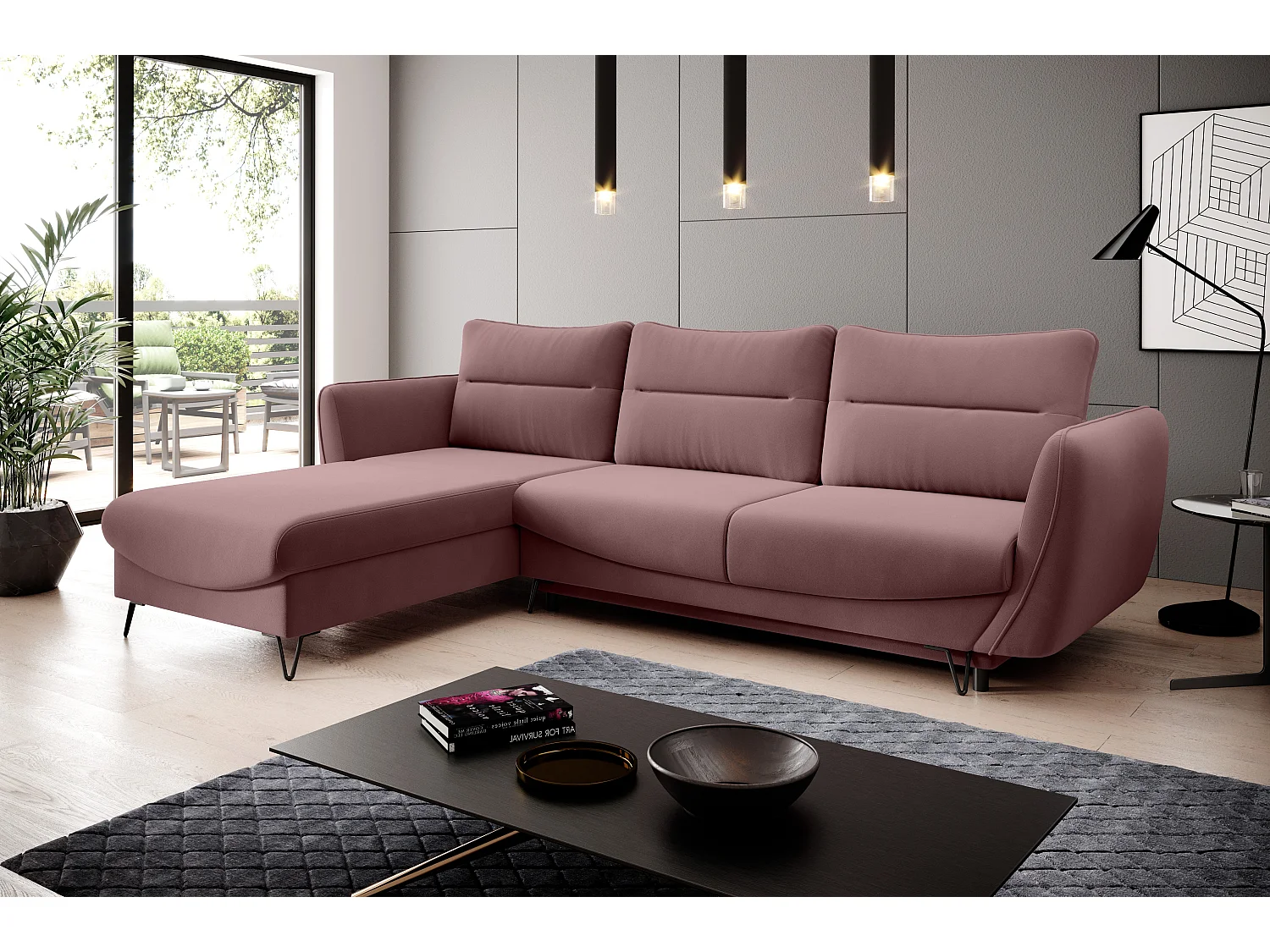 Canapé d'angle gauche convertible velours rose cuivré Zurik 276cm