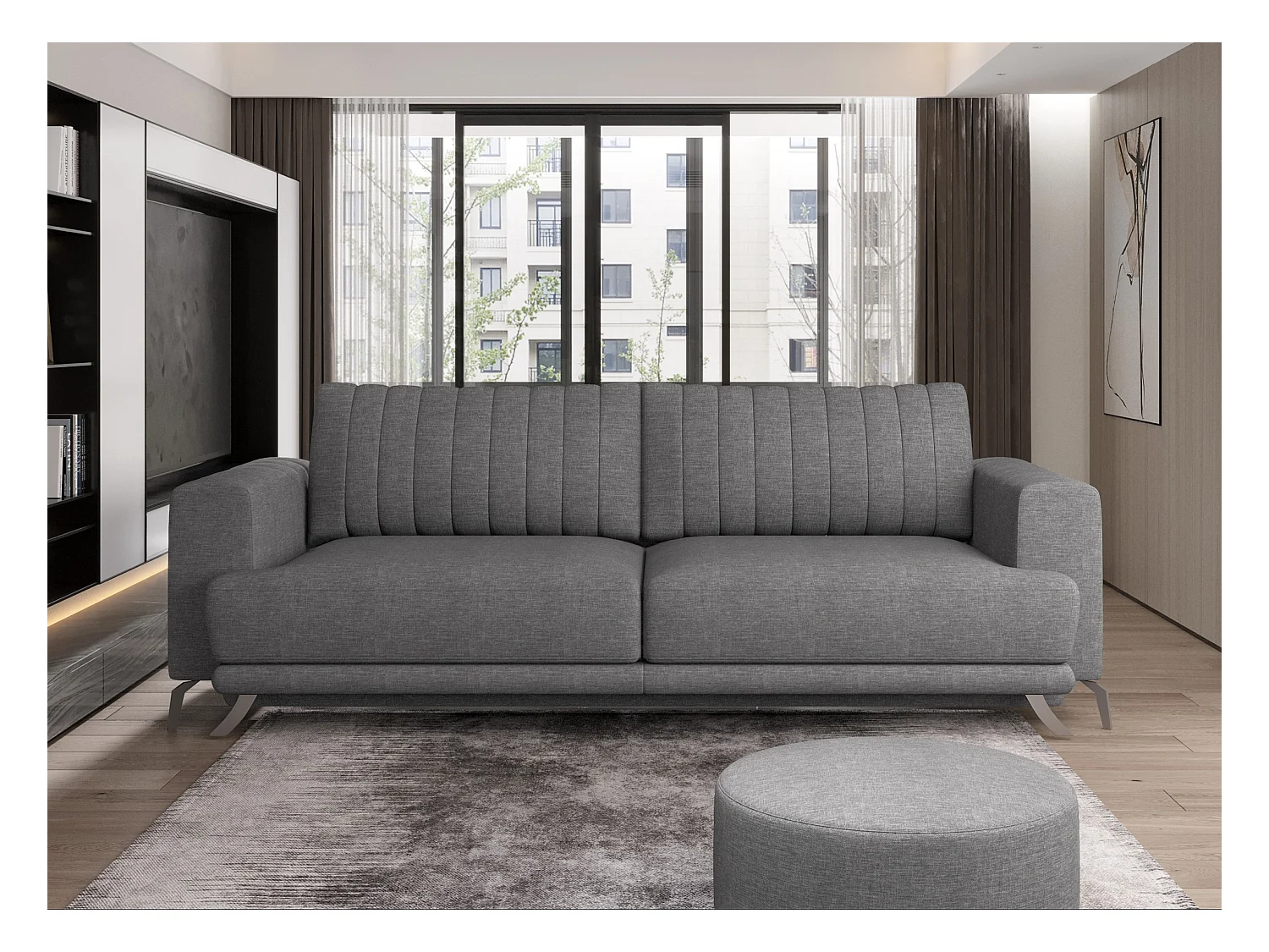 Canapé convertible design 3-4 places tissu gris chiné et pieds acier chromé Eliza 250cm