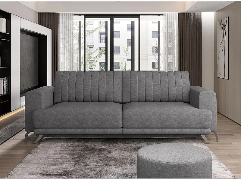 Canapé convertible design 3-4 places tissu gris chiné et pieds acier chromé Eliza 250cm