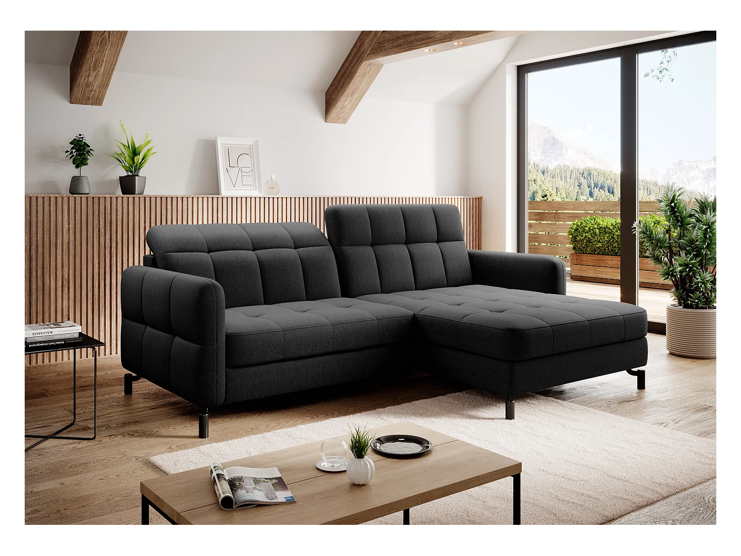 Rechte hoekbank met verstelbare hoofdsteunen zwart gewatteerde stof Lory 225 cm