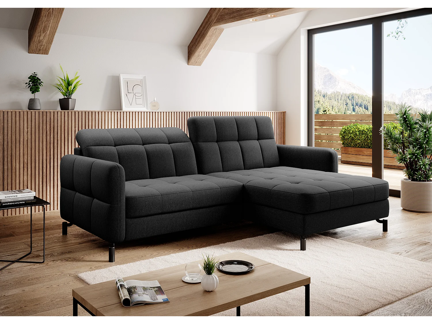 Canapé convertible angle droit avec têtières réglables tissu matelassé noir Lory 225cm